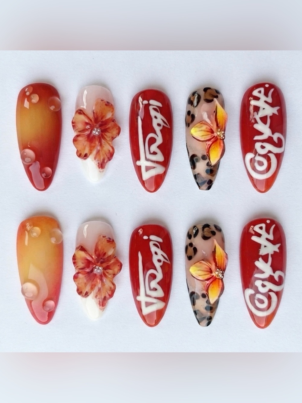 Karol G Tropicoqueta Inspired Red Floral & Leopard Acrylic Press On Nail Set